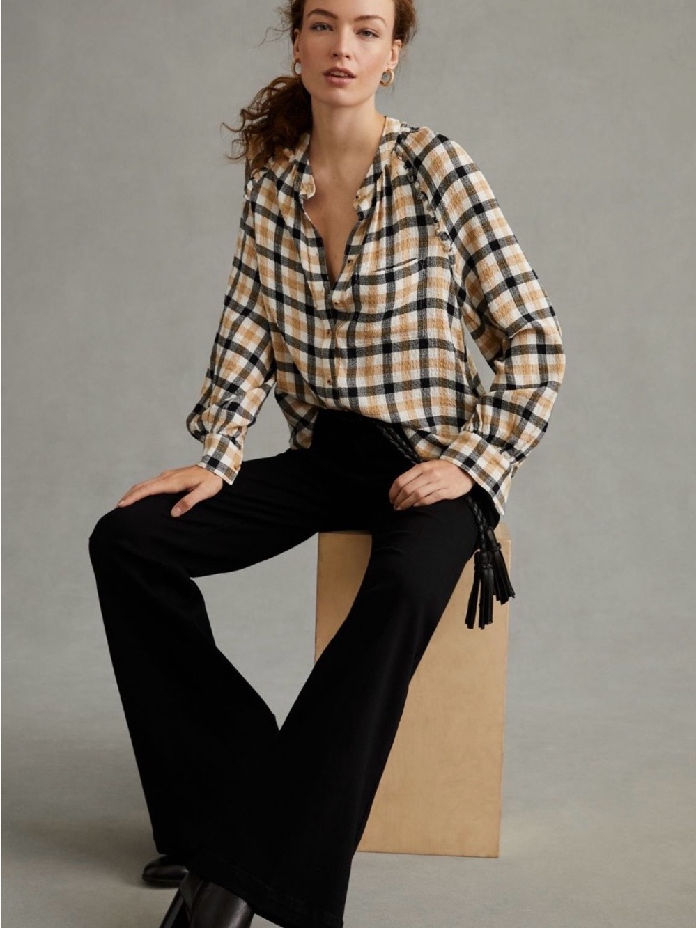 Plaid Button-Down Blouse in Ivory, Black & Mustard from Pilcro Anthropologie